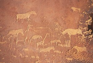 Twyfelfontein, a sud di Khorixas, ha una delle più estese accumulazioni di pitture rupestri preistoriche in Namibia dipinte dal popolo Damara 5-6.000 anni fa. Predominantemente raffigurati sono leoni da Unknown